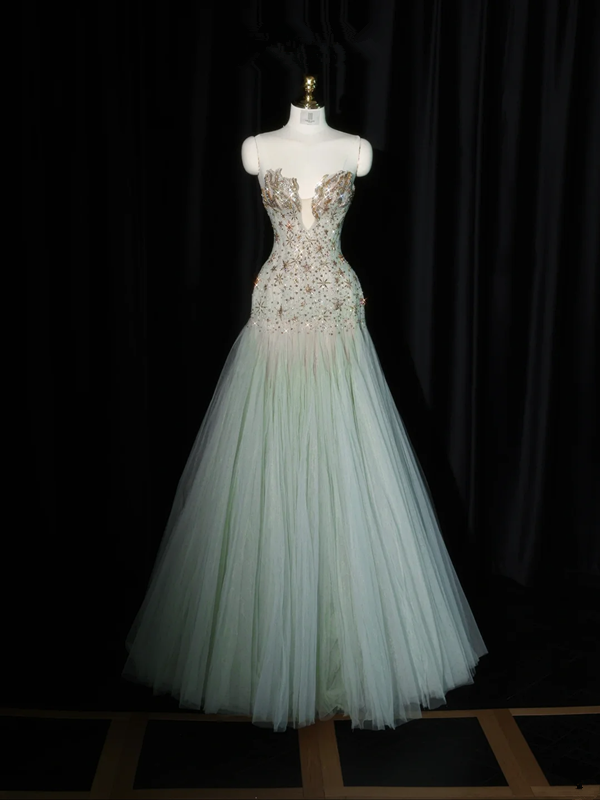 Light green strapless fitted long ball gown R8930