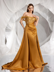 Mustard yellow off-shoulder sequined fitted long sexy ball gown R8870