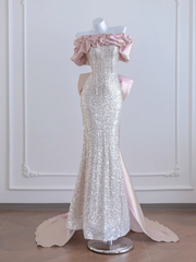 Light pink off-the-shoulder neckline with silver sequins, fitted waist, bodycon silhouette, sexy long ball gown R8276