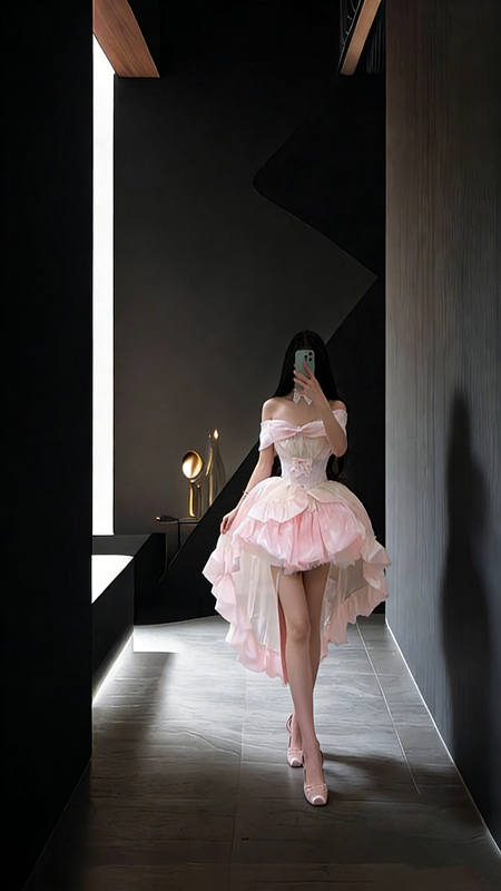 Pink off-the-shoulder fitted waist slim-fit short ball gown with a full skirt R8031