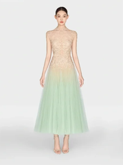 Gradient color suspenders nude pink upper body slimming elegant light green skirt long skirt homecoming dress R4791