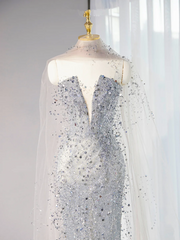 Gray strapless fitted long ball gown R9002