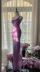 Purple one-shoulder sexy fitted waist bodycon long ball gown R7721