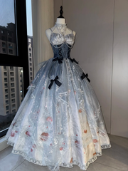 Gradient gray-blue halter-neck fitted waist slim-fit ball gown with a full skirt R8075