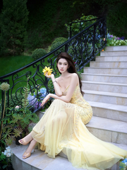 Yellow Spaghetti Strap Waist-Cinched Fitted Mermaid Hem Prom Dress R7085