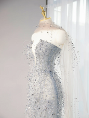 Gray strapless fitted long ball gown R9002