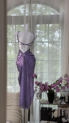 Purple halter-neck, fitted waist, backless, sexy bodycon long ball gown R7601