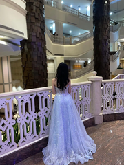 Light blue strapless, fitted waist, full skirt long ball gown R8367