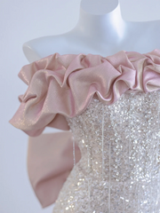 Light pink off-the-shoulder neckline with silver sequins, fitted waist, bodycon silhouette, sexy long ball gown R8276