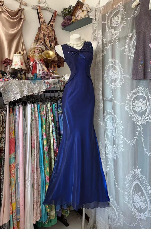 Dark blue sleeveless fitted waist bodycon sexy long ball gown R7793