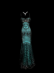 Sexy long ball gown with green halter neck and fitted waist, featuring lace details R6686