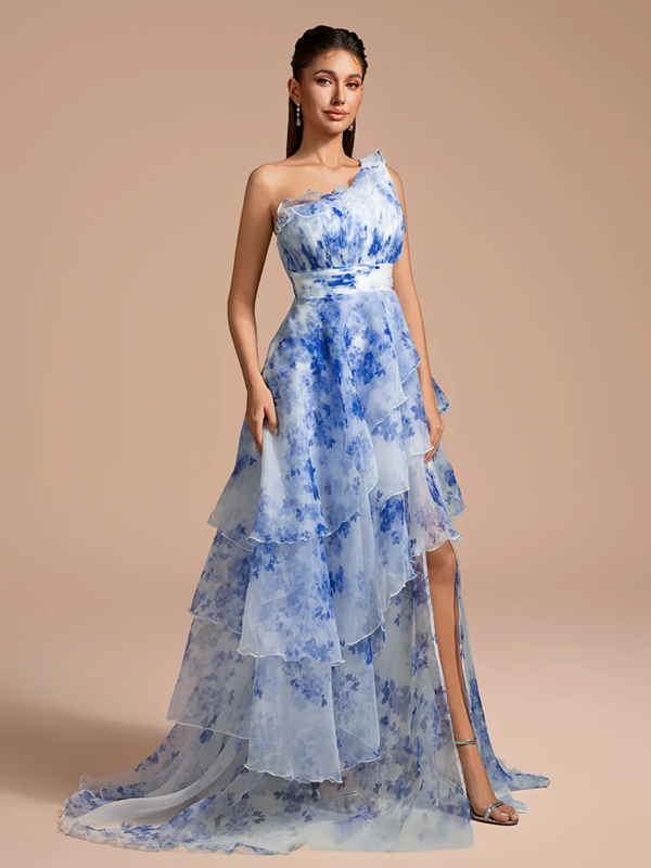 Blue floral print one-shoulder fitted waist long ball gown R8882
