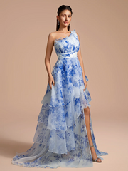 Blue floral print one-shoulder fitted waist long ball gown R8882