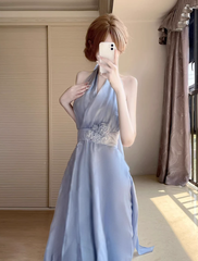 Blue V-neck halter dress for women French gentle temperament holiday style waist A-line long skirt R0427