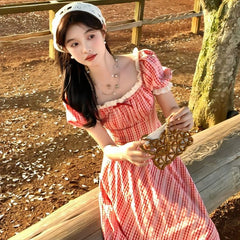 Pink plaid slim waist long skirt homecoming dress R3264