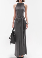 Hot girl slim fit pleated strappy dress 2025 lazy style halter neck hip long skirt R1133