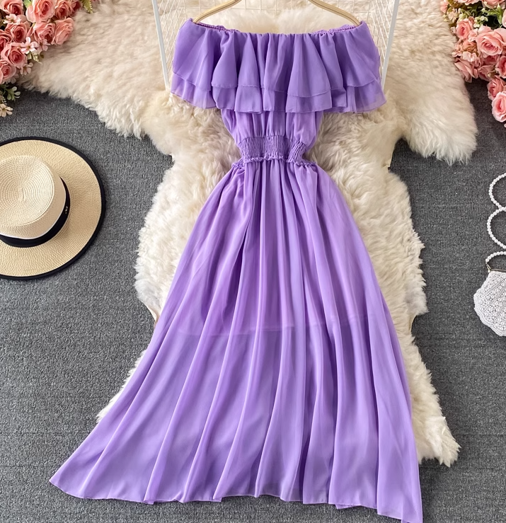Bali resort beach slim long skirt sexy off-shoulder one-shoulder ruffled chiffon dress R0326