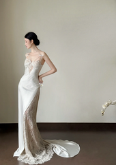White spaghetti-strap cutout waist-cinched slim-fit backless sexy long prom gown R8010