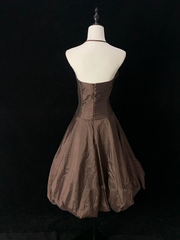 Gray-brown halter-neck fitted midi skirt ball gown R8692