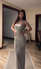 Silver sequined halter-neck fitted long sexy ball gown R7544