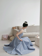 Light blue spaghetti strap, waist-cinched, full-skirted elegant prom dress R7970