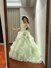 Light green strapless, fitted waist, full skirt, long ball gown R8841