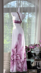 White dress with purple floral print, one-shoulder design, fitted waist, long ball gown R7620