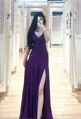 Purple halter-neck fitted long ball gown with slits and a sexy design R7891