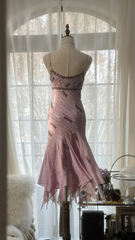 Light pink halter-neck fitted waist slim-fitting irregular hem midi ball gown R7700