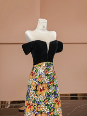 Black off-the-shoulder, fitted waist, sequined floral skirt, long ball gown R8385