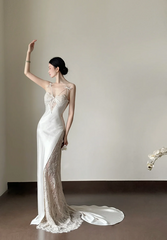 White spaghetti-strap cutout waist-cinched slim-fit backless sexy long prom gown R8010