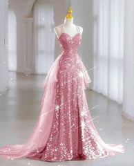 Pink suspender sequined waist slim sexy long skirt, prom dress R5308