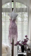 Light purple strapless fitted waist slim-fitting ball gown with an asymmetrical hem R7660