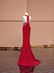 Red halter-neck, fitted waist, slimming, hip-hugging sexy long ball gown R8411