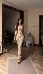 Light champagne gold strapless fitted long sexy ball gown R7545