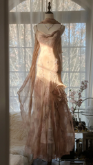 Light champagne pink halter-neck fitted waist bodycon long ball gown R7701