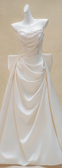 White Strapless Pearl Waist Slim Pleated A-Line Maxi Bridal Dress R5712