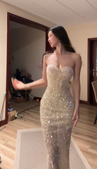 Light champagne gold strapless fitted long sexy ball gown R7545