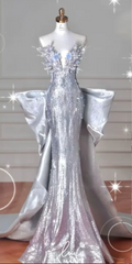Silver strapless, fitted waist, sequined fishtail sexy long ball gown R6424