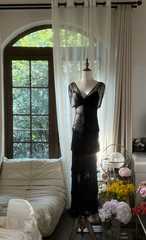 Black V-neck fitted waist straight long ball gown R7772