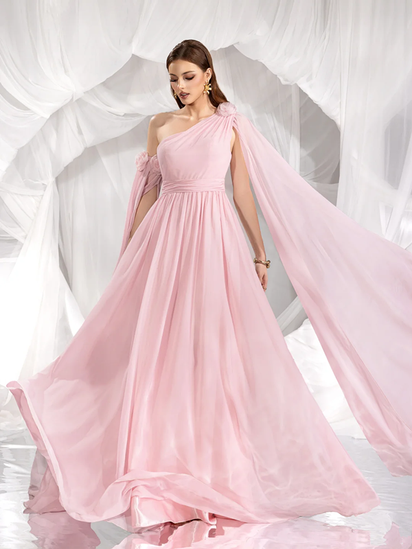 Pink one-shoulder fitted waist long sexy ball gown R8872