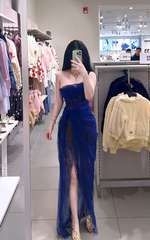 Dark blue strapless fitted waist slim sexy slit long ball gown R7893