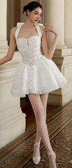 White halterneck hollow waist elegant A-line long skirt short skirt homecoming dress R4648
