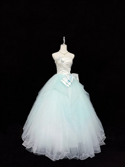 White strapless fitted waist, light green tulle skirt, long ball gown R9053