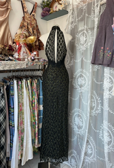 Black halter-neck sleeveless lace fitted long dress, ball gown R6307