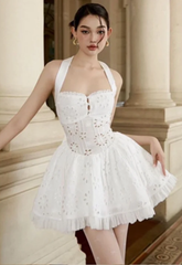 White halterneck hollow waist elegant A-line long skirt short skirt homecoming dress R4648