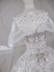 Elegant wedding dress with white bottom and bright diamonds, slim waist and puffy skirt R5868