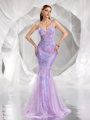 Light purple sequined halter-neck fitted long sexy ball gown R8874