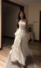 White halter neck, fitted waist, long, elegant ball gown R8071