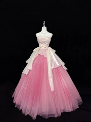 White strapless fitted waist, pink tulle skirt, long ball gown R9054